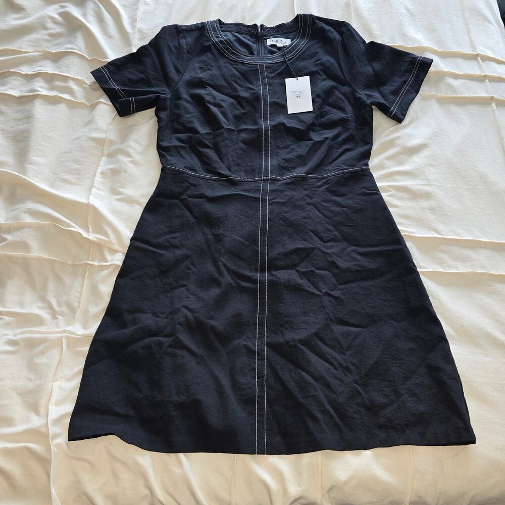 NWT THML Black Aline midi short sleeve cotton dress contrast stitch size M